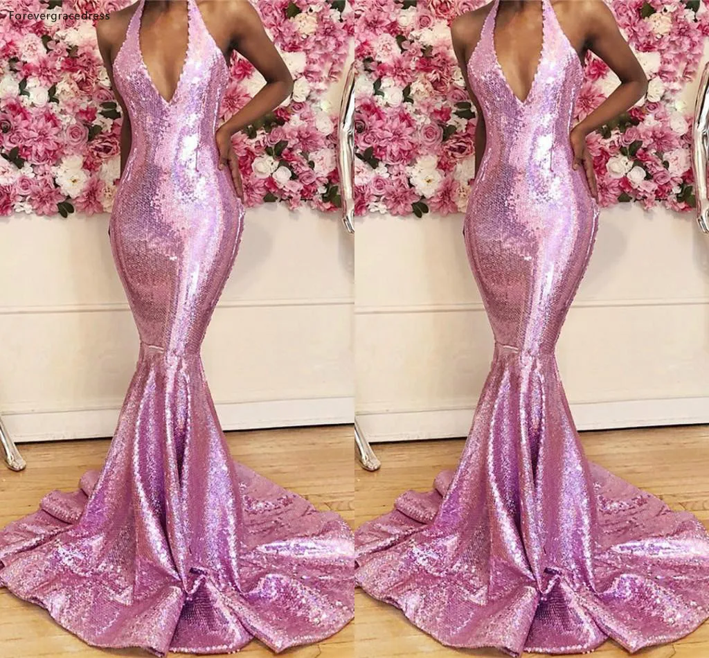 Pink Sequined Prom Dresses Blingbling Sexy Halter Deep V Neck Mermaid Evening Gowns For Junior Sweet Graduation Party Wear