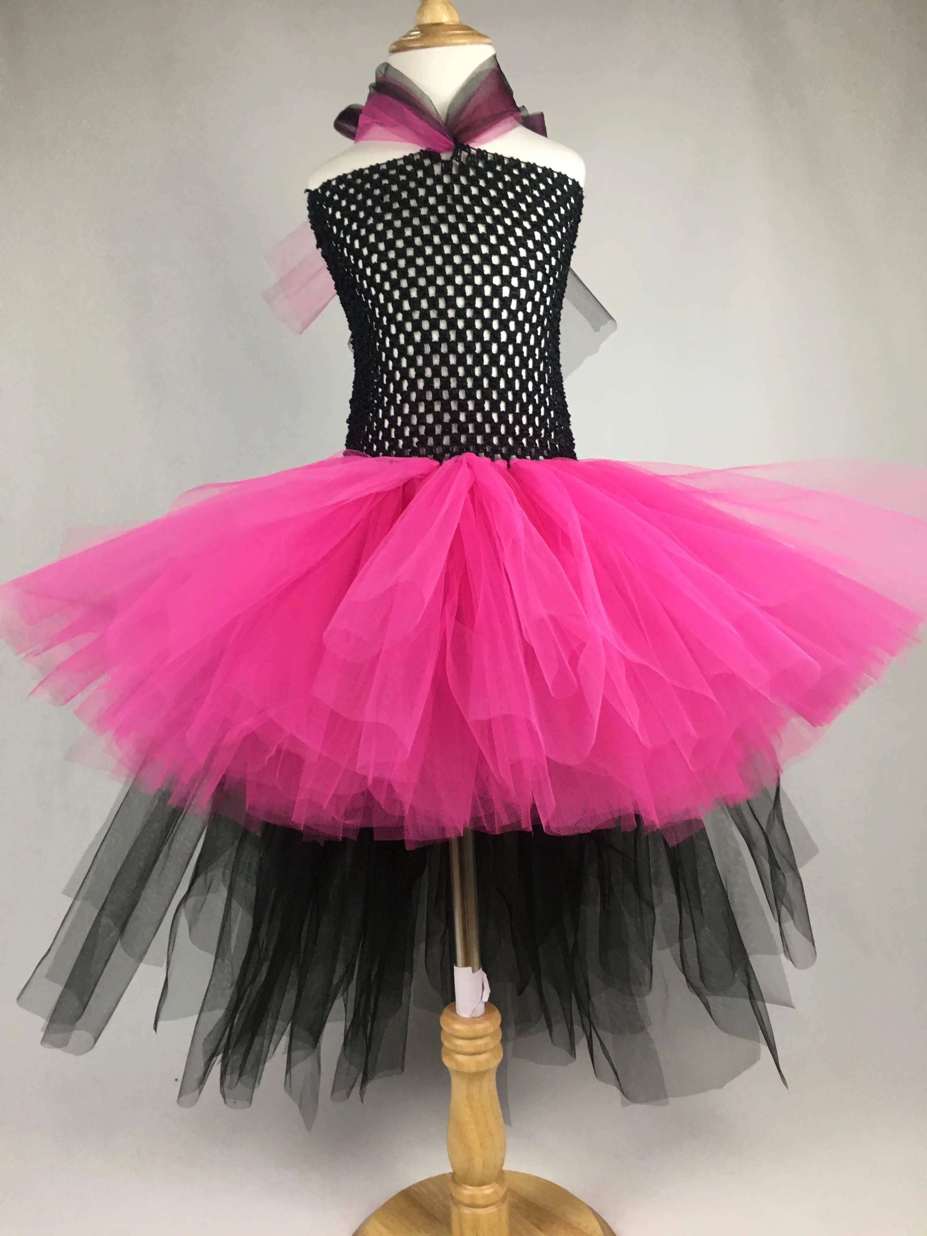 Girls Black Pink Rock Queen Tutu Dress Kids Crochet Tulle Trailing Dress with Strap Children Birthday Party Costume Tutus Dress