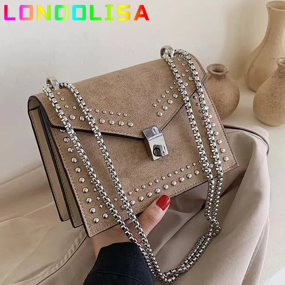 Scrub Leather Brand Designer Shoulder Simple Bags For Women 2021 Chain Rivet Luxury Crossbody Bag Female Fashion Small Handbags