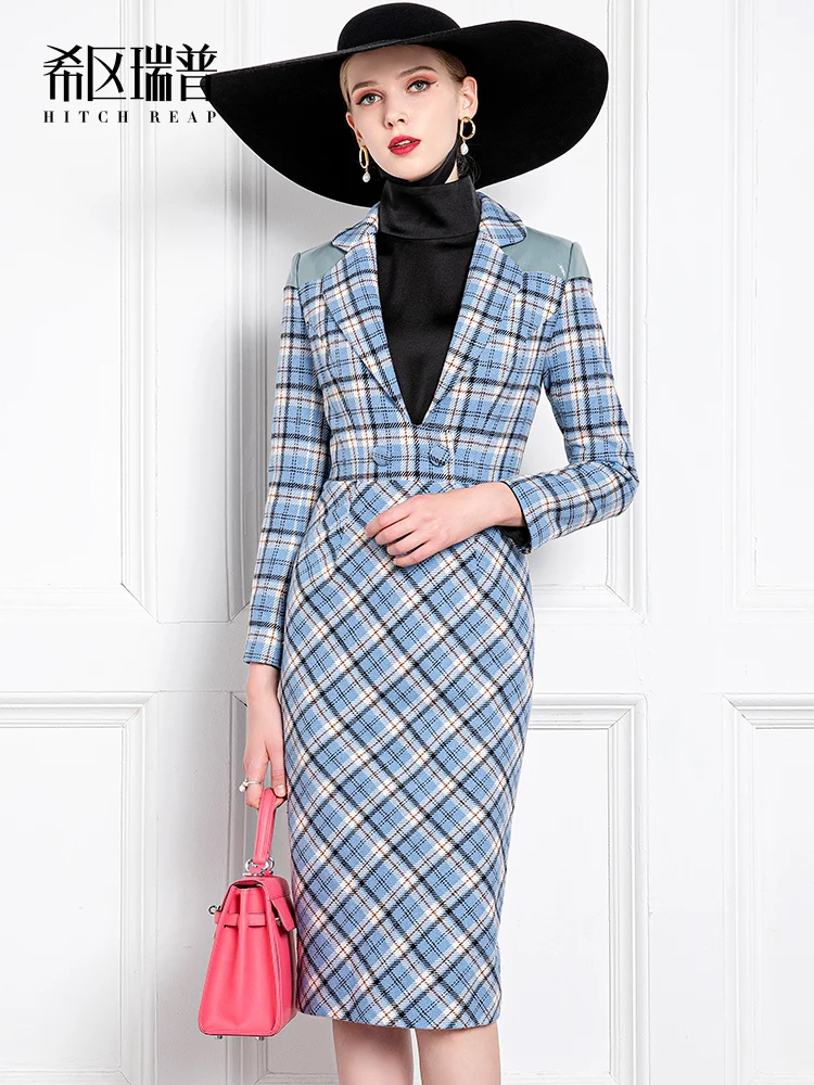 High End Temperament Lattice Slim Skirt 2021 Spring And Autumn Fashion Suit Collar Over The Knee Dress