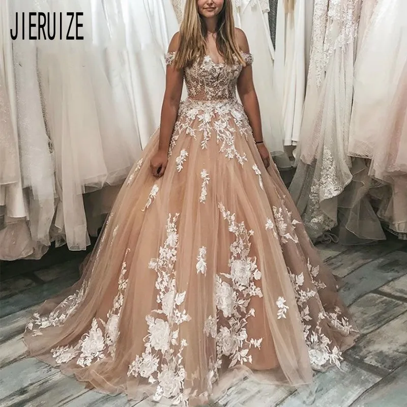 JIERUIZE Wedding Dresses Off Shoulder Lace Appliques Lace Up Back champagne Puffy Bridal Gowns Bride Dresses robe de mariee