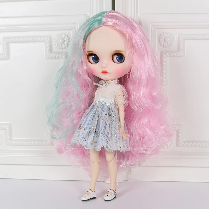 ICY DBS Blyth doll white skin joint body Purple mixed blue hair Hand-painted face panels, sleepy eye BL10174006