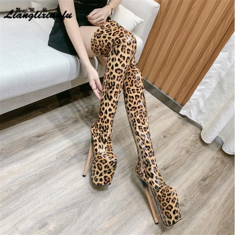 Corssdresser Leopard print Motorcycle botas mujer over-the-knee long Boots Platform Shoes Woman 20cm Thin Heels Party 22cm Pumps