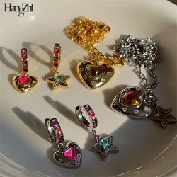 HangZhi 2021 Vintage Colorful Zircon Heart Star Asymmetry Drop Earrings Geometric for Women Girls Party Jewelry Gifts