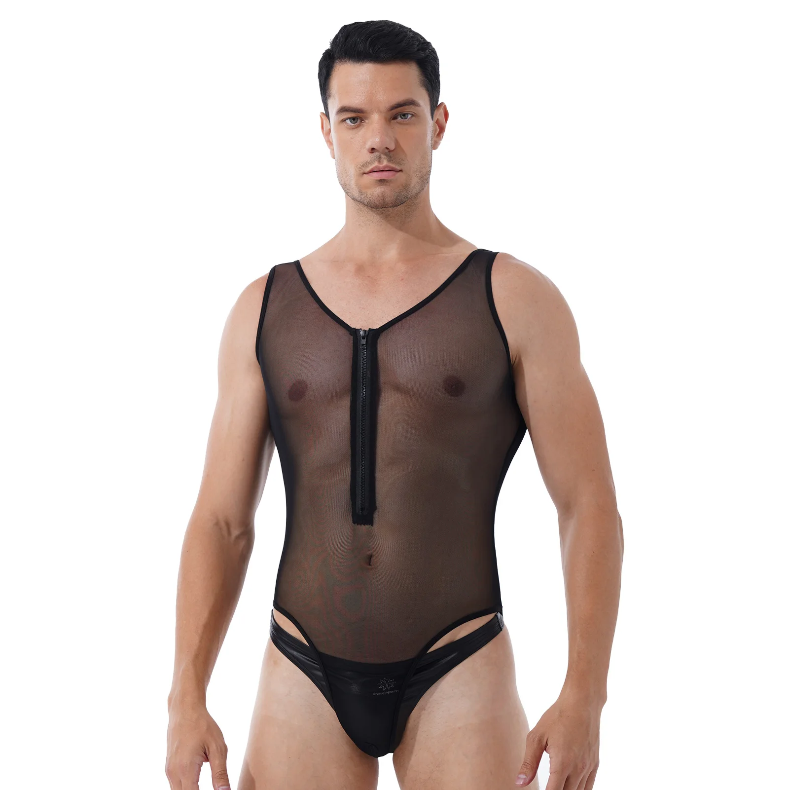 Plus Size Bodysuit Men One Piece Summer See Through Sheer Mesh Lingerie Deep U-neck Sleeveless Front Zippered High Cut Sleepwear