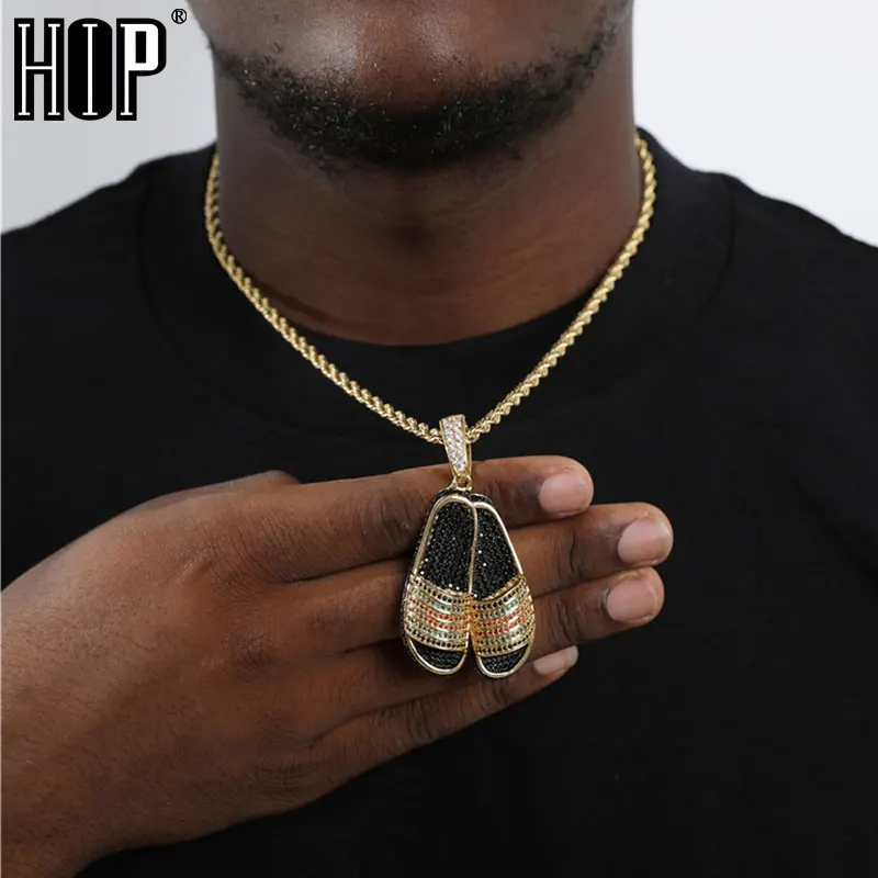 Hip Hop Iced Out Bling Rapper Cubic Zirconia Slipper Shoes Necklaces & Pendants For Men Women Rapper Jewelry With Solid Back