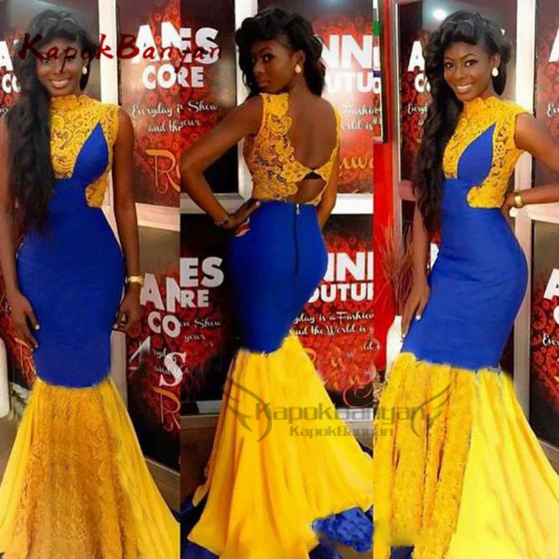 Cantik Afrika Prom Gaun Panjang Mermaid Royal Biru dan Kuning Renda Pesta Malam Seksi Terbuka Kembali Pakaian Resmi Menyapu kereta Api