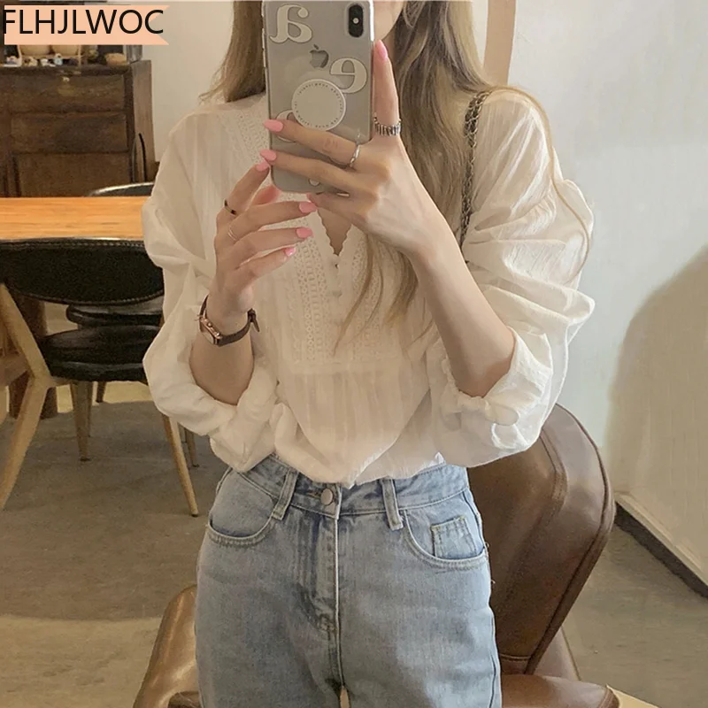 White Lace Tops Blusas Hot Sales 2021 Fall Autumn Women Cute Sweet Girls Casual Single Breasted Button Basic Shirts Blouses