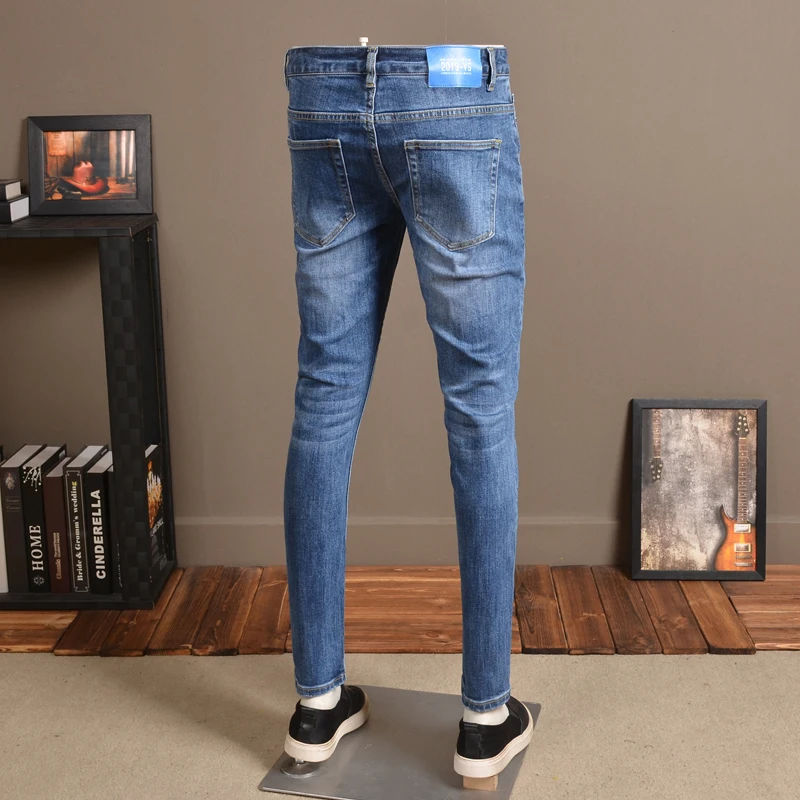 Fashion Mens Skinny Jeans Streetwear Elastic Thin Blue Pants for Cowboys P83