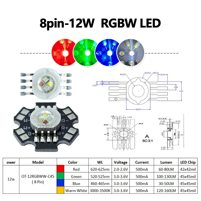 LED RGBW RGBWW 4W 12W 4*3W High Power Chip Beads Lamp 8Pins Diode Waterproof Lens Colorful  Sources DIY For Stage Spot Lighting