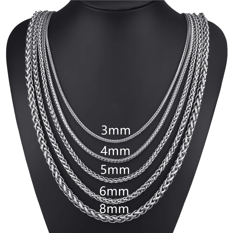 Elfasio Customized Any Length 3/4/5/6/8mm Wide Stainless Steel Chain Wheat Link Silver Color Mens Necklace Fashion Jewelry