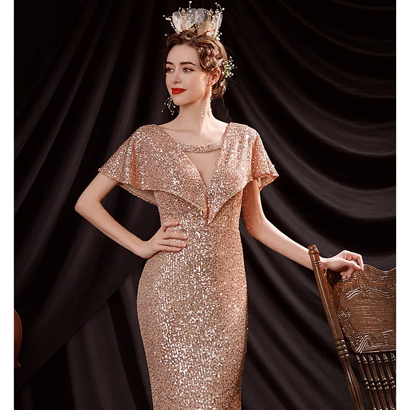 Beauti-emily – robe longue de forme sirène pour femme, tenue de soirée élégante, col en V, en paillettes, tenue de bal, été, 2021