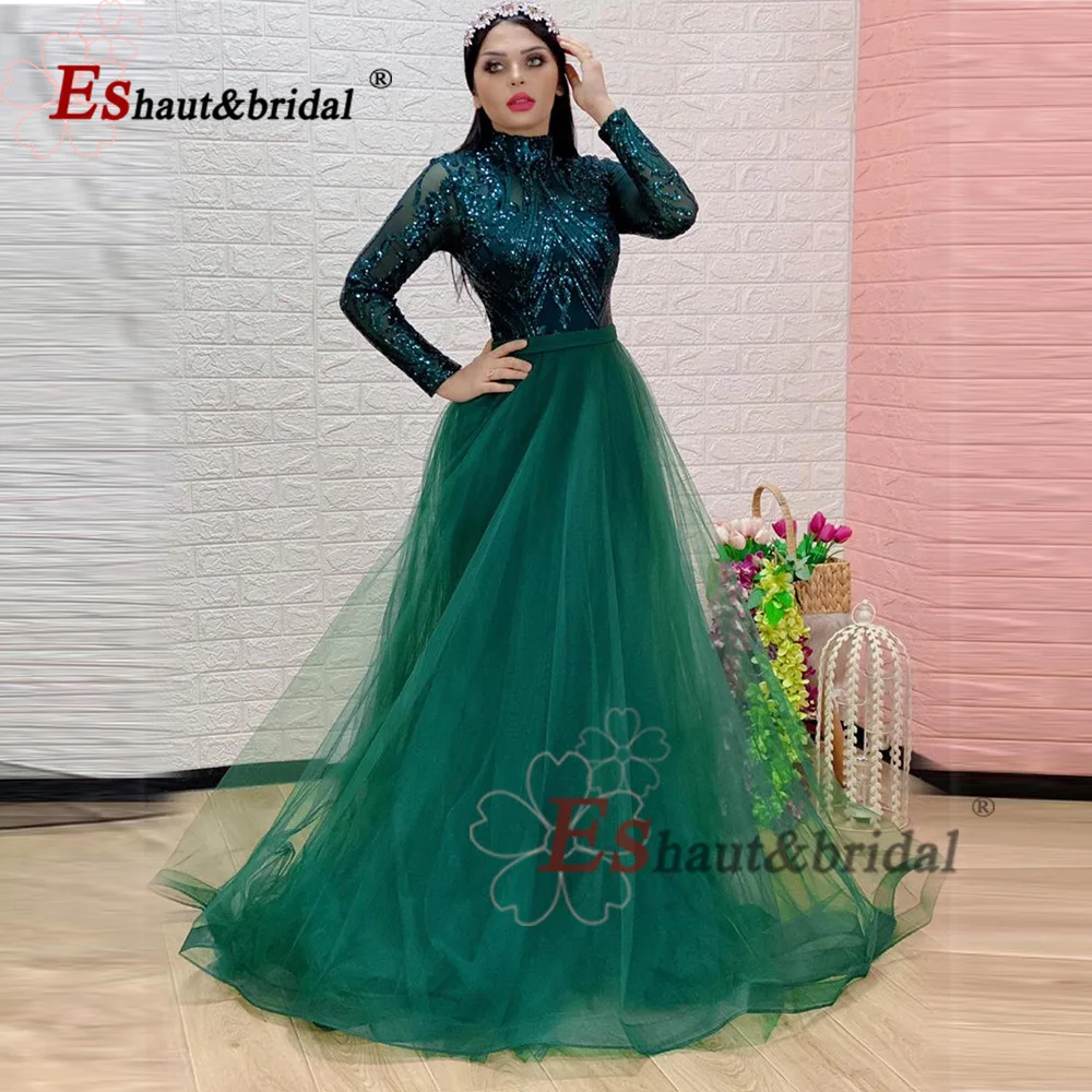 Elegante Moslim Dubai Avond Nacht Jurk Voor Vrouwen 2023 Hoge Hals Lange Mouwen Sequin A-lijn Formele Prom Wedding Party Jurken