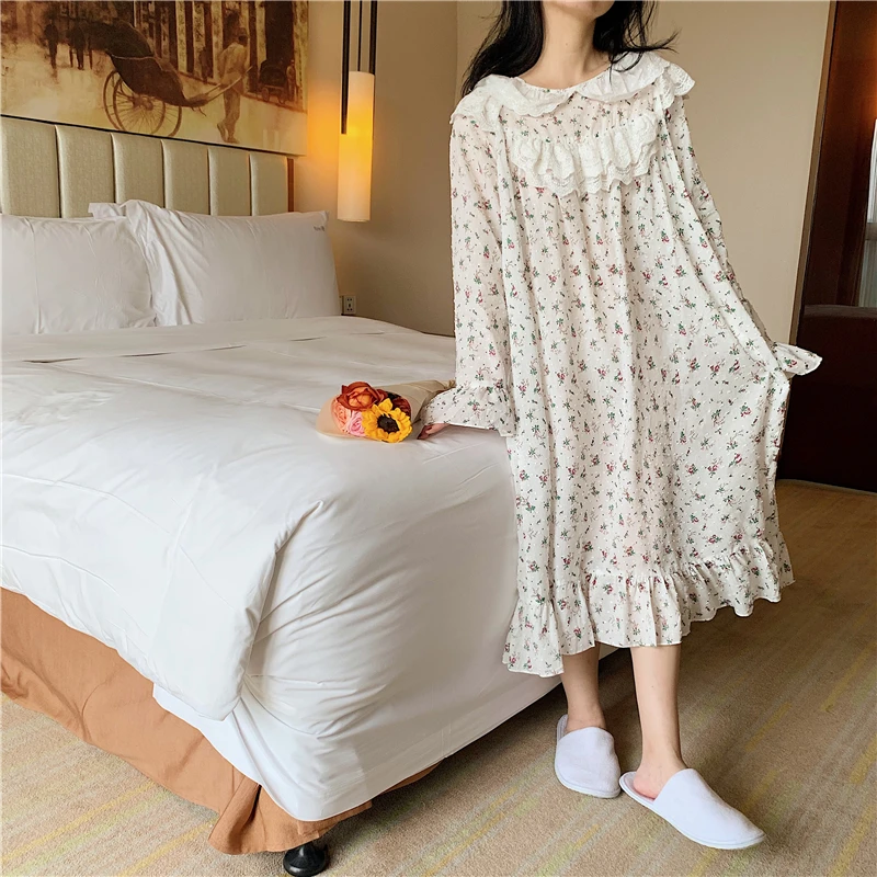 Autunm Women Loose Cotton Linen Sleepdress Lace Ruffles Nightdress Chic Girls Spring Sweet Long Sleeve Floral Printed Nightgown