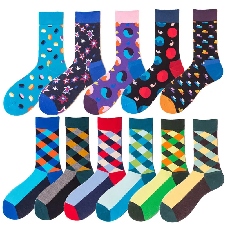 Mens Socks Cotton Funny Hip-hop diamond Colorful Stripe Square Star Dot Ball Happy Japanese Harajuku skateboard Socks