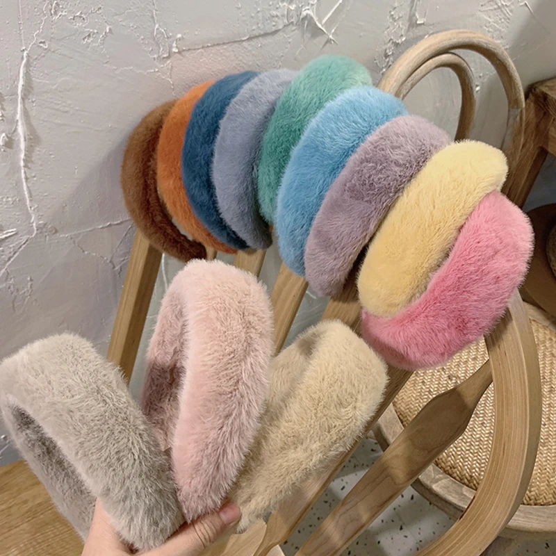 New Warm Faux Fur Headband Winter Plain Color Simple Fashion Cute Girls Plush Furry Hairbands for Women Hair Accessories