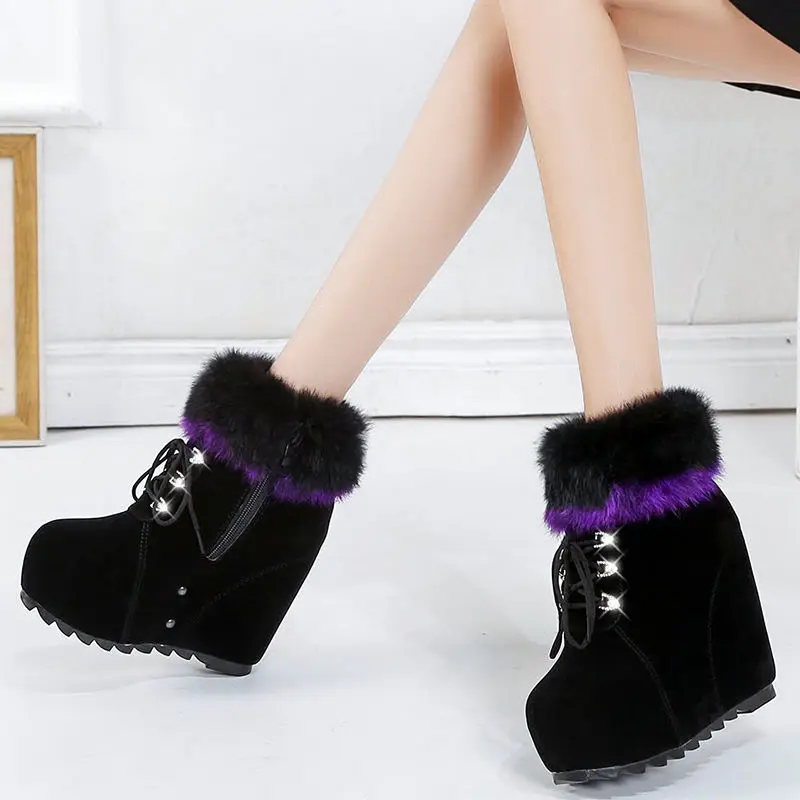 Winter Women\'s Platform Winter Boots Thick-soled Women Wedge Ankle Boots Inner Increase Warm Plush Female High-heel Boots