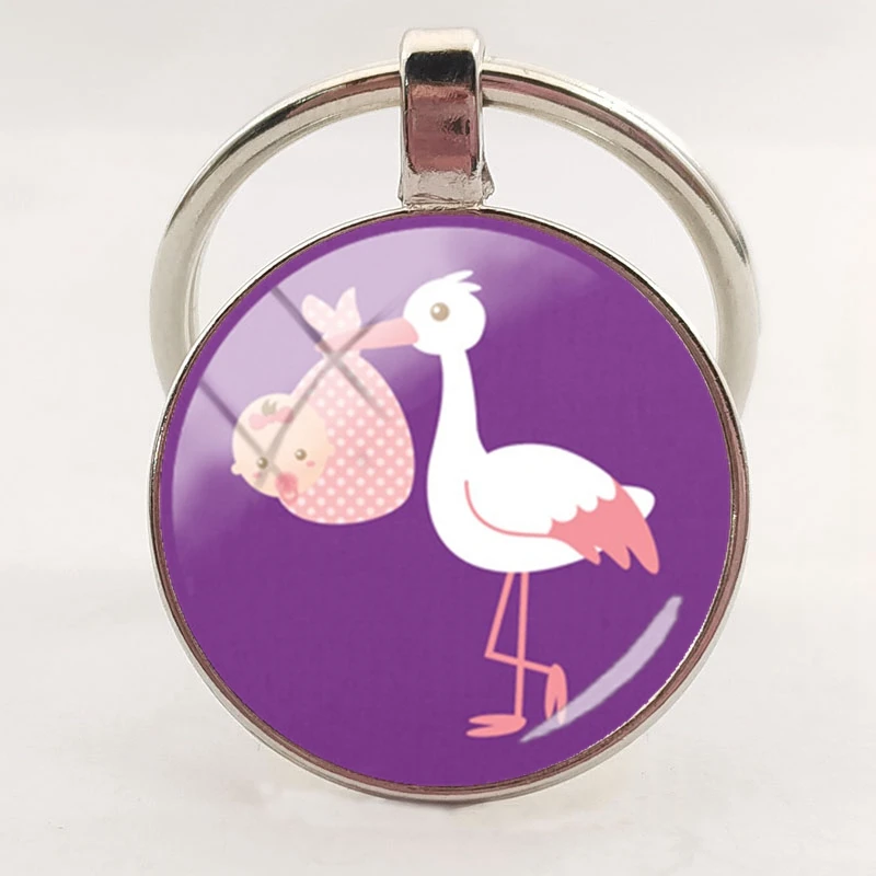 2020 new fashion handmade keychain stork and baby pendant keychain glass dome keychain women jewelry gift