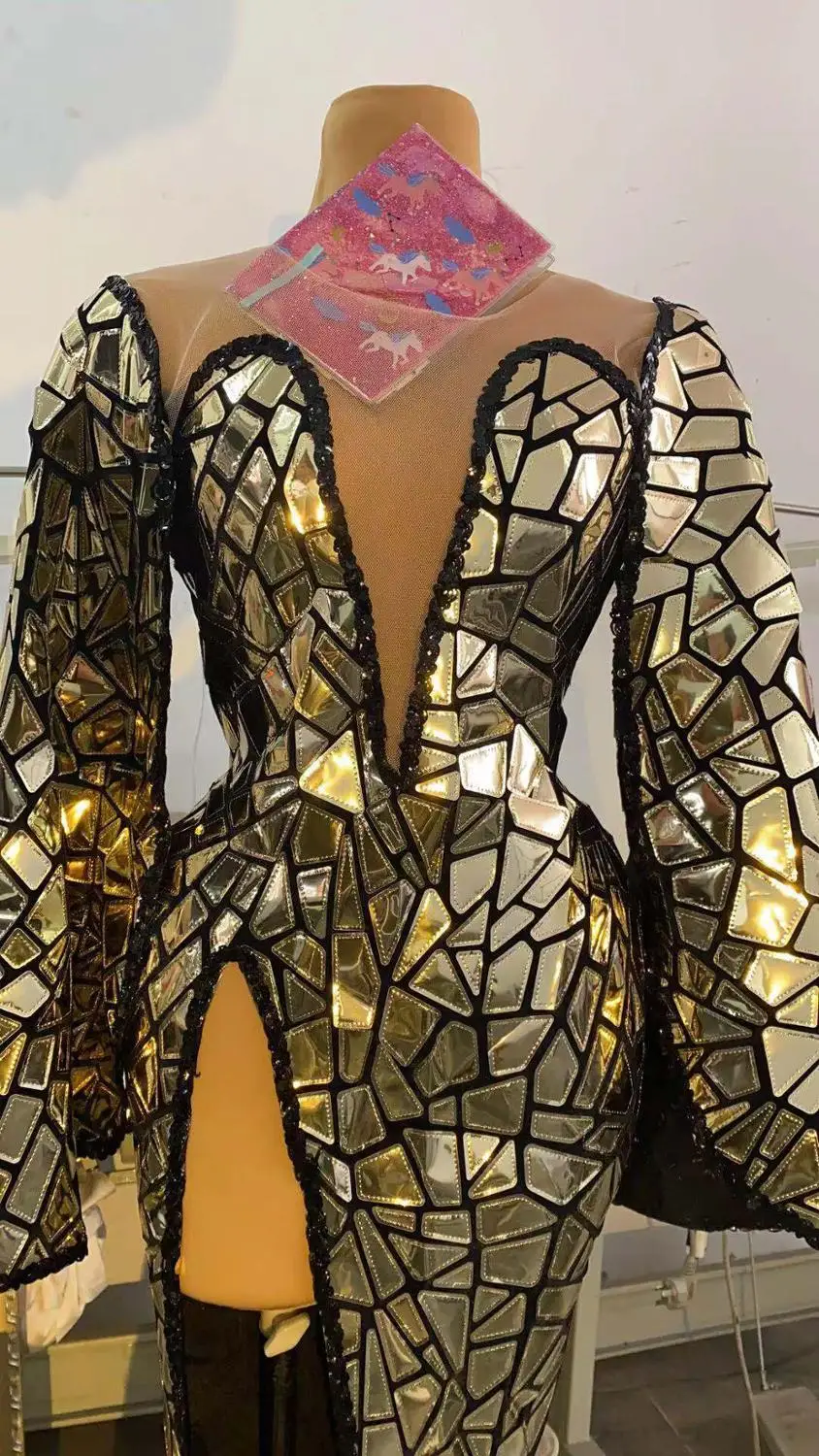 Flashing Gold Sequin High Split Long Dresses for Women Birthday Celebrate Outfit Singer Show Evening Stage Wear Prom Party Dress