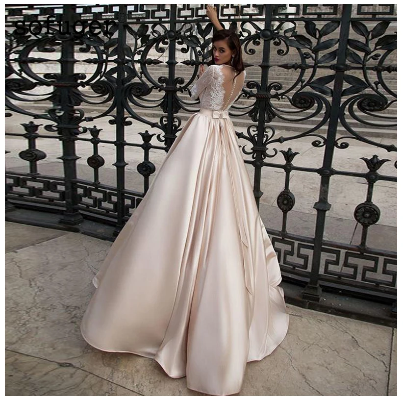 Elegant Satin Wedding Dresses With Pocket Vestidos Noiva Lace Half Sleeves Bridal Gowns 2021 Floor Length Champagne Bride Dress