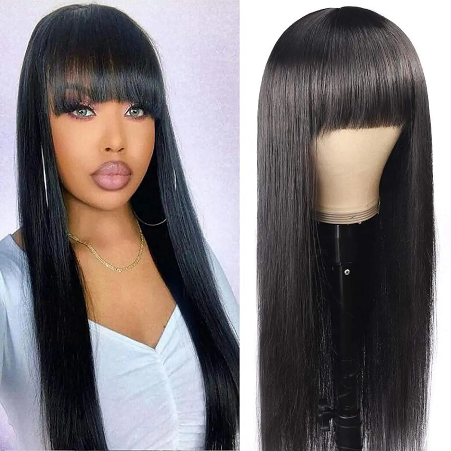 

Puromi Straight Wigs with Bangs Human Hair for Black Women None-Remy Brazilian Human Hair with Bangs Glueless Full Machine Made