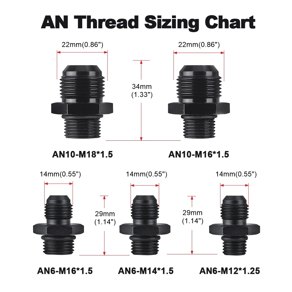 Straight Aluminum Male Flare AN6 to M12*1.5 M14*1.5 M16*1.5 M18*1.5 Male Metric Thread Pipe Fuel Fitting Adapter Black Anodized