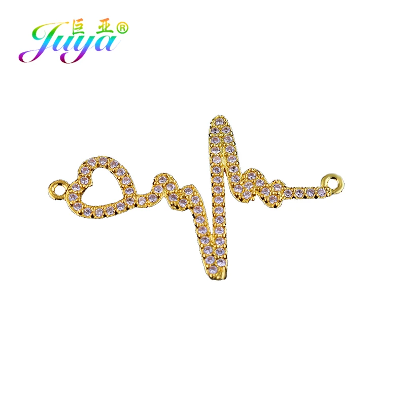 Juya DIY Micro Pave Zircon Jewelry Accessories Electrocardiogram Heartbeat Charm Connectors For Bracelets Necklace Making