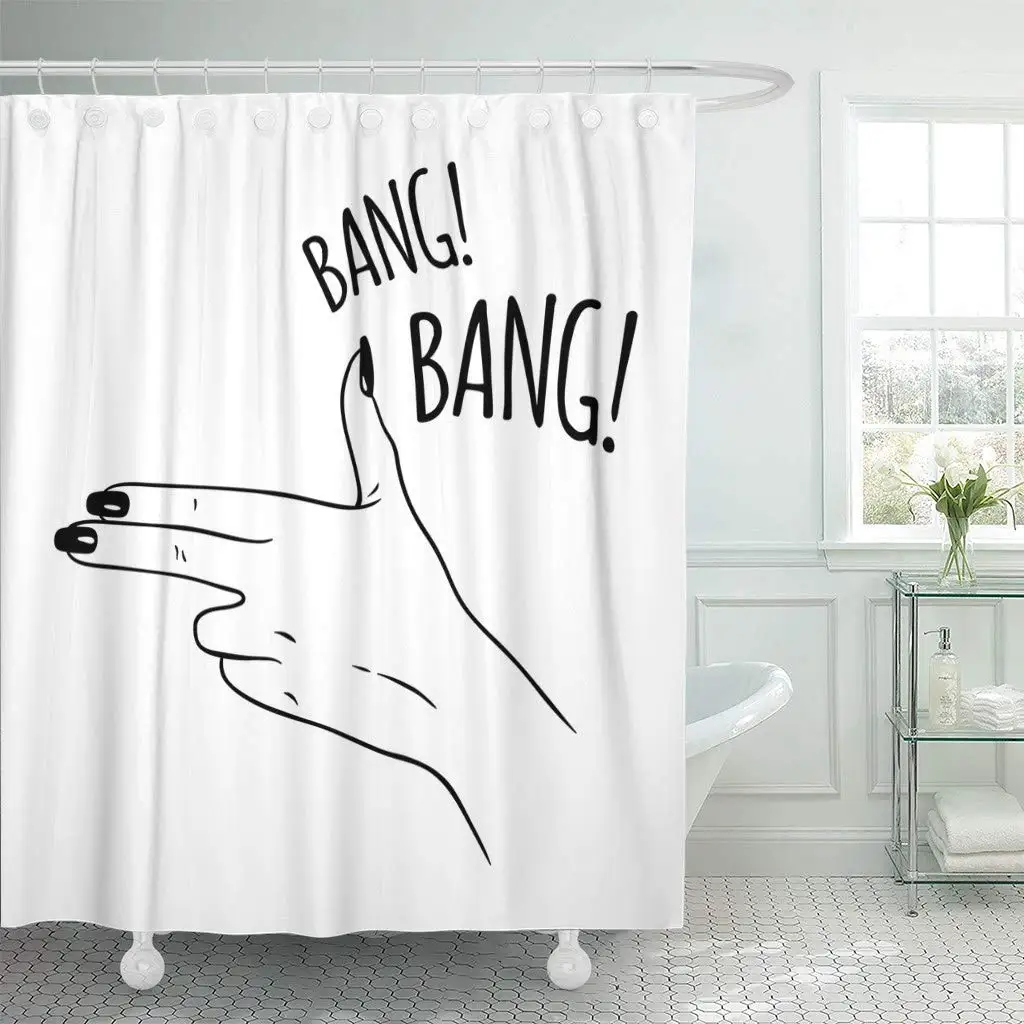 Shower Curtain with Hooks Manicure Female Hand in Gun Gesture Flash Tattoo Finger Doodle Sketch Bang Woman Beauty Bathroom