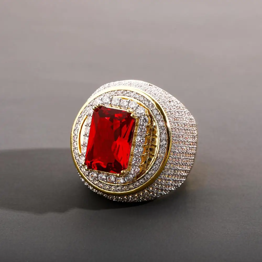 TOPGRILLZ Hip-Hop Classic Gold Color Plated Cubic Zircon Big Red Stone Ring Personality Fashion Men Women Jewelry Lover Gift