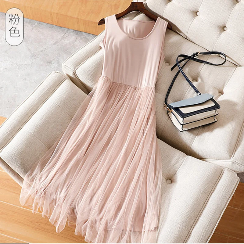 

2024 Summer Modal Patchwork Mesh Dress Women Gauze Lace Tank Dresses Beach Sundress Sleeveless Party Vestidos