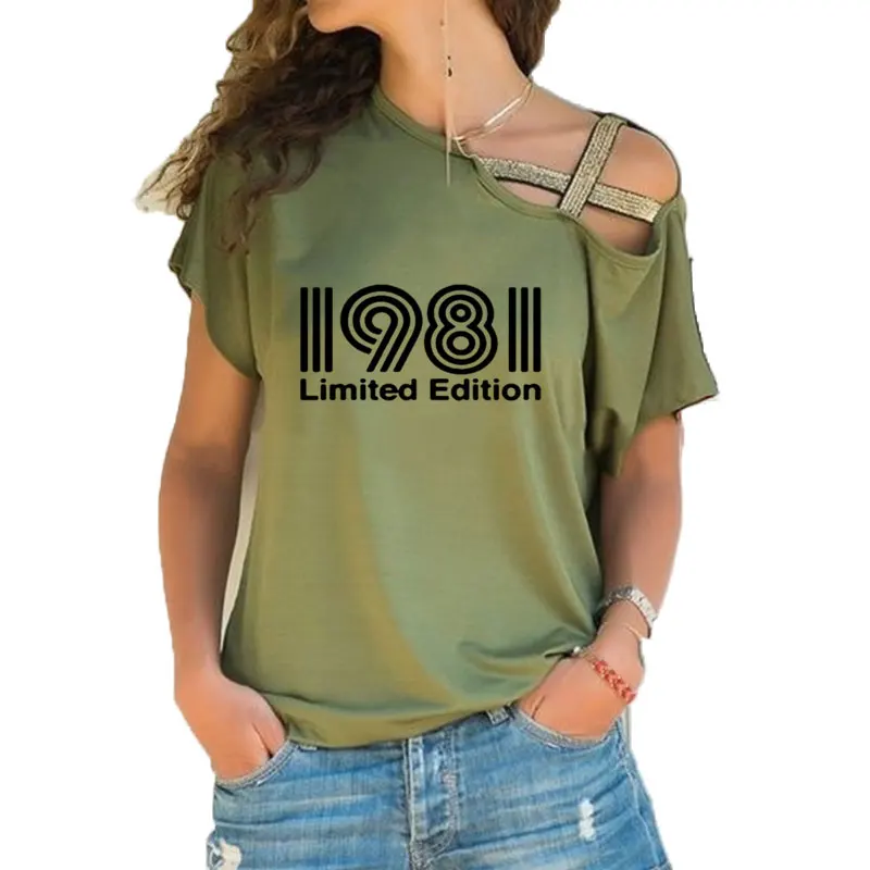 2021 Fashion Limited Edition 1981 Print Casual Tshirt Women Funny T Shirt for Lady Irregular Skew Cross Bandage tee tops