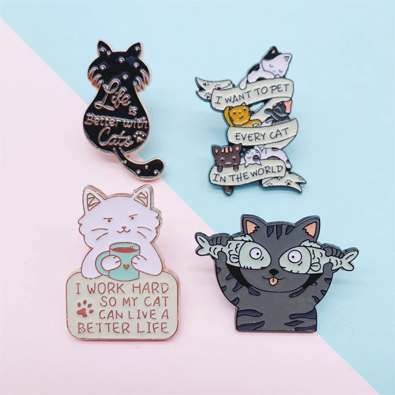 Cartoon Fun Animal Cat Enamel Pins Love Drinking Water Eating Fish Black Cat Back View Brooch Alloy Badge Fashion Woman Jewelry