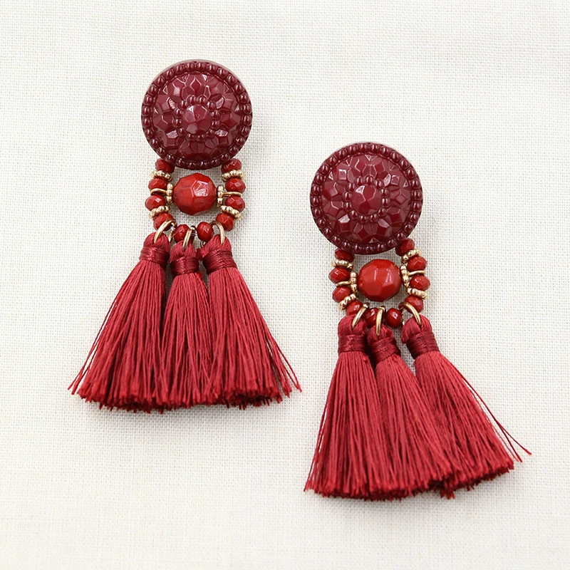 STRATHSPEY Black/ Red Beads Tassel Earrings For Women Vintage Long Fringe Earrings Big Flower Earring Statement Jewelry