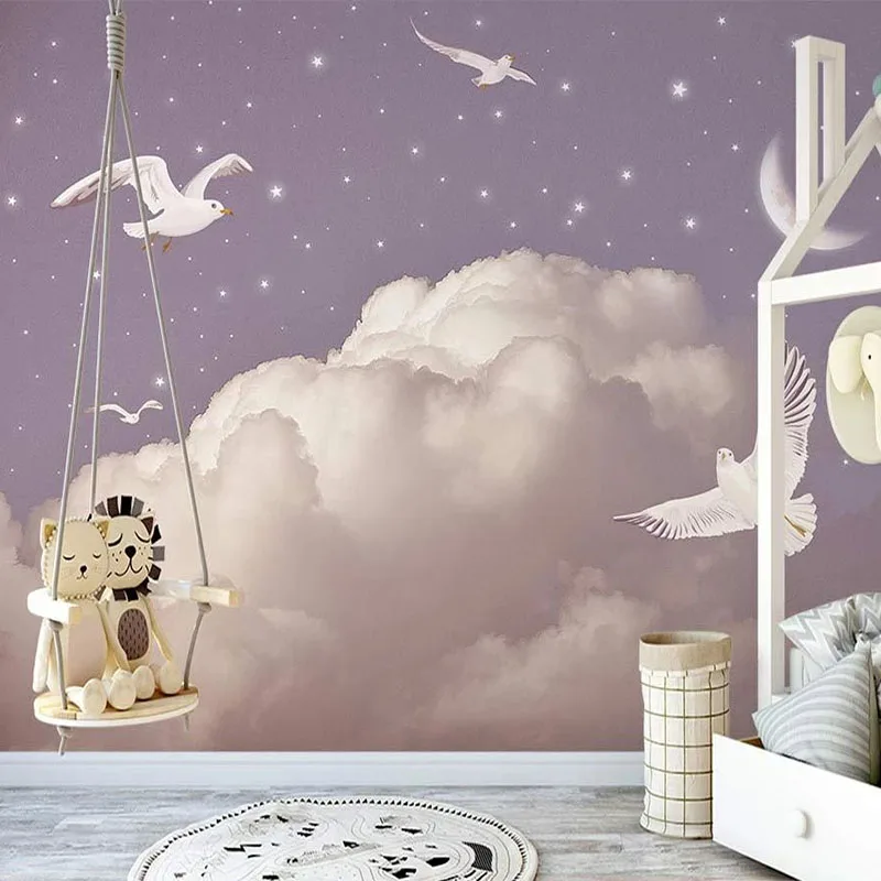 Self-Adhesive Wallpaper Nordic Hand-Painted Clouds Starry Sky Birds Mural Children's Bedroom Background Stickers