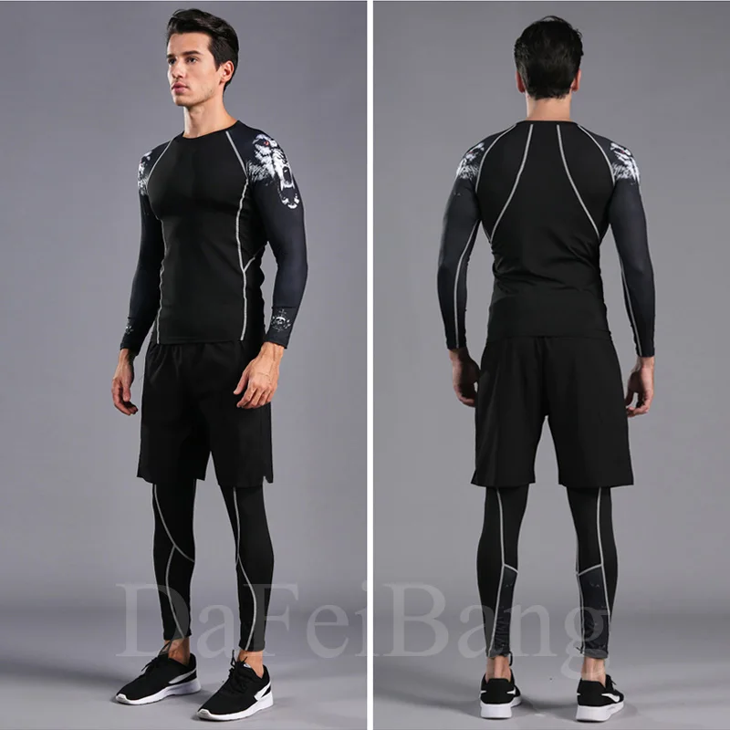 Homem compressão esportes terno de secagem rápida transpiração treinamento fitness mma kit rashguard masculino roupas esportivas jogging correndo