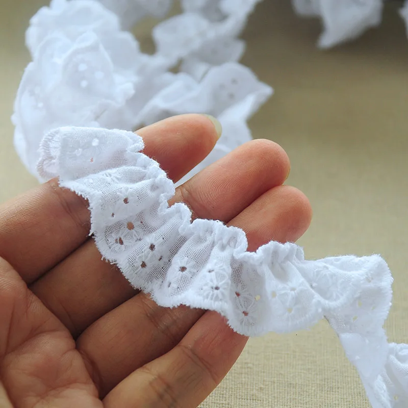 2CM Wide White Cotton Embroidered Flowers 3d Lace Ribbon Elastic Ruffle Trim Collar Neckline DIY Sewing Applique Guipure Decor