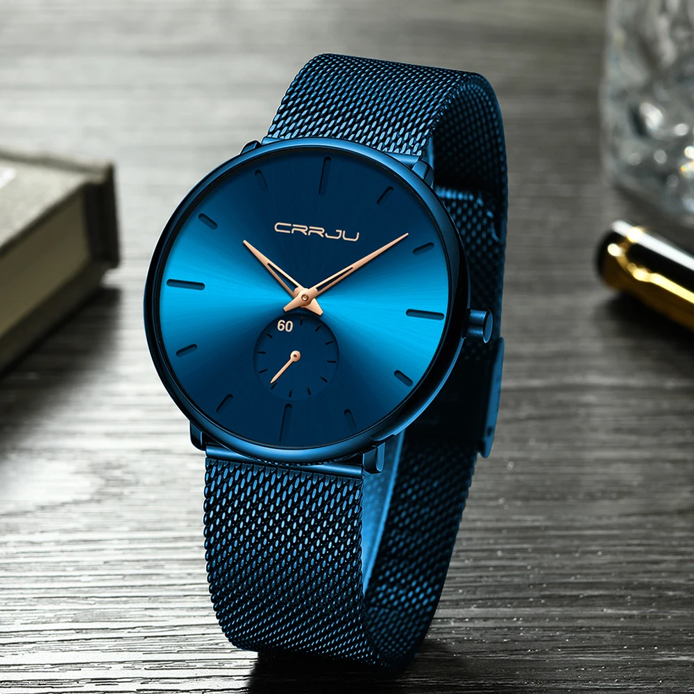 CRRJU moda mavi erkekler İzle en lüks marka Minimalist Ultra ince Quartz saat rahat su geçirmez saat Relogio Masculino