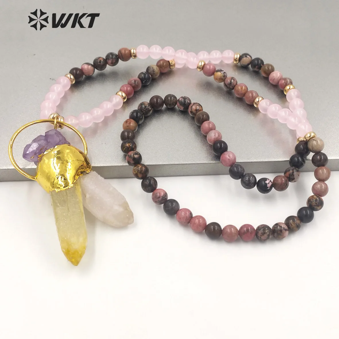 WT-N1340 WKT Original Design Natural Irregular Multi-Tooth Stone Pendant Necklace With Colored Beads Women’s Fine Jewelry