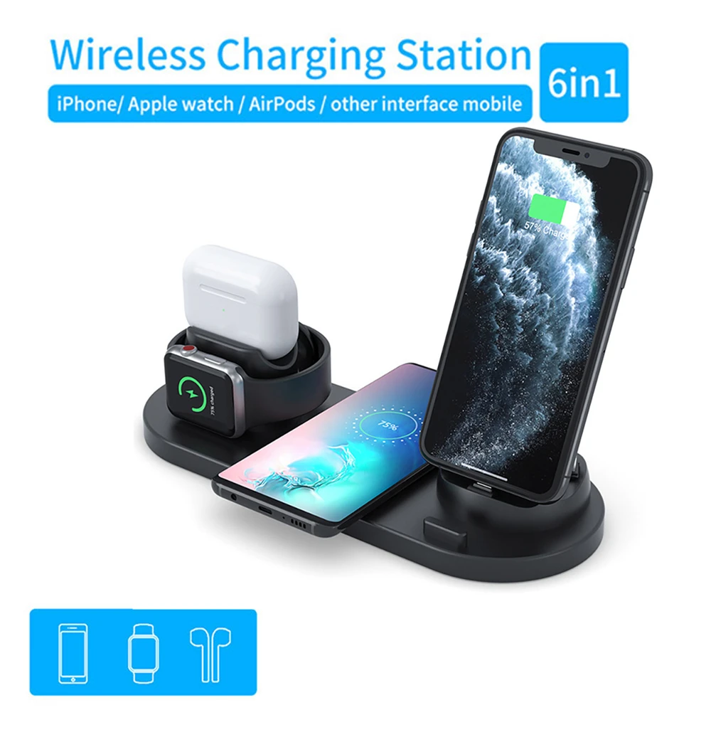 10W Qi Wireless Charger Stand For iPhone 11 Pro XS Max XR 6 in 1 Fast Charging Dock Station For Apple Watch 2 3 4 5 AirPods Pro