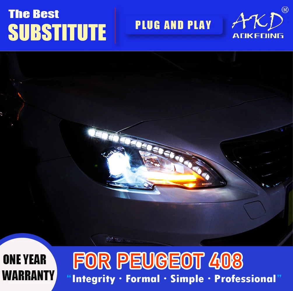 

AKD Head Lamp for Peugeot 408 LED Headlight 2014-2015 Headlights Peugeot 408 DRL Turn Signal High Beam Angel Eye Projector Lens