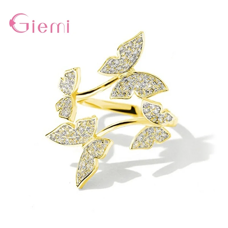 Authentic 925 Silver  Butterfly Pattern Crystal Open Finger Rings For Women Free Size Bijoux Fashion Christmas Bague