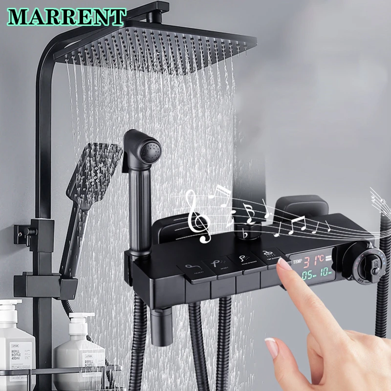 Conjunto de Chuveiro Digital Termostático de Parede Torneiras Misturadoras para Banheira Sistema de Chuveiro do Banheiro Piano Preto Fosco Latão de Qualidade