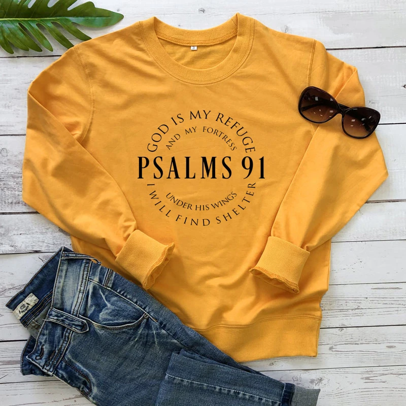 Psalm 91 100% Cotton Sweatshirt Women Long Sleeve Scripture Christian Bible Verse Pullovers Outfits