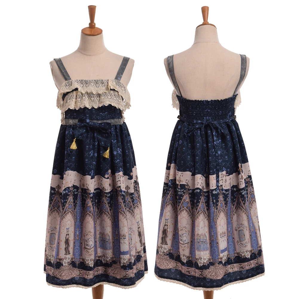 Cute Black Blue Pink Girls Lolita Suspender Dress Sleeveless Ruffle Lace Bowknot OP JSK Kwaii Fairy Dresses