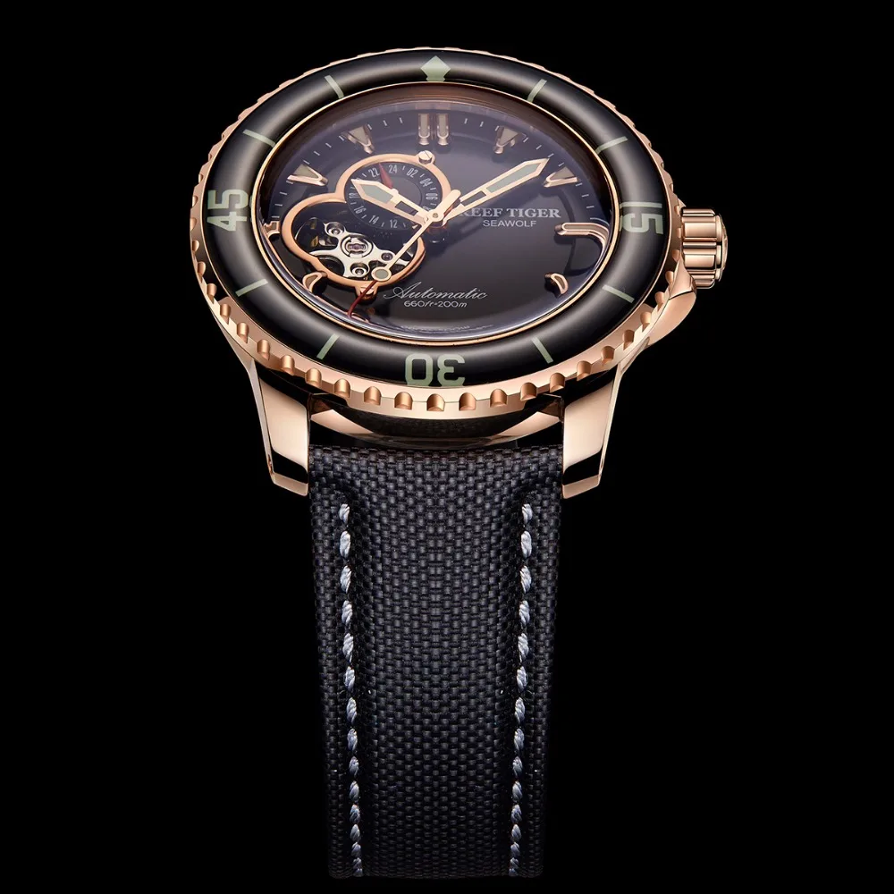 Reef Tiger/RT Top Brand Watch For Men Sport Automatic Watches Rose Gold Super Luminous Diving Watch Nylon Strap RGA3039