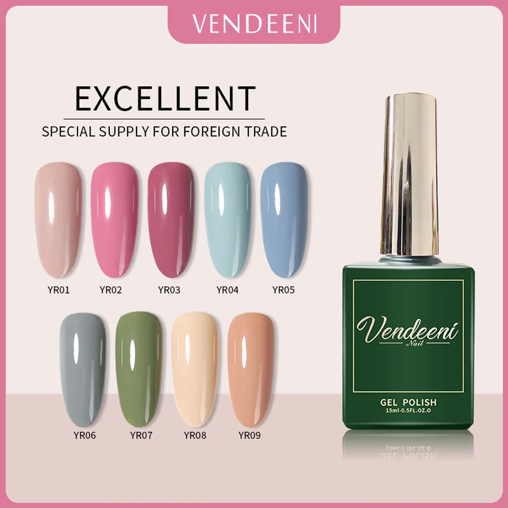 

Vendeeni 15ml 9 Colors/set Macaron Colorful Gel Nail Polish Soak Off UV LED Pure Color Nail Varnish Manicure Hybrid Lacquer