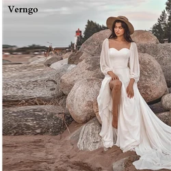 Verngo Vintage A Line Dotted Silk Wedding Dresses Boho Puff Long Sleeves Sweetheart Beach Wedding Gowns 1.5M Train Bridal Gown