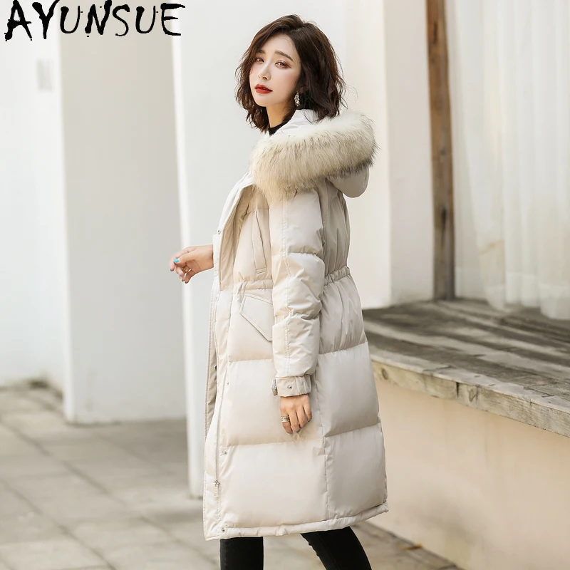 

AYUNSUE Female Jacket Winter Real Fur Collar Hooded Parkas Down Jacket Women White Duck Down Long Coats 2020 Fashion Ropa Mujer