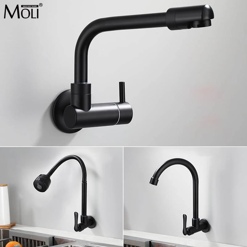 Wall Kitchen Faucet Single Cold Water Black Kitchen Faucets Universal Crane 360 Degree Turn  Kitchen Mixer Taps ML772