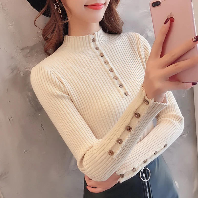 Autumn Winter women‘s sweaters pullovers long sleeve button O-neck chic Sweater Female Slim knit top soft jumper casual  tops